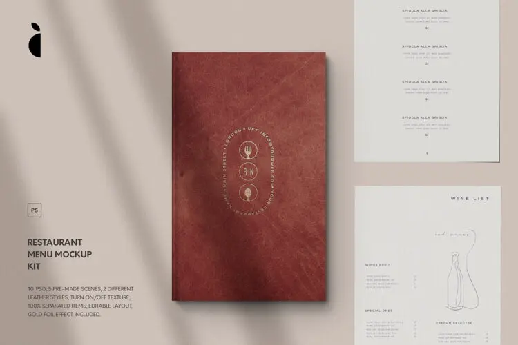 5款质感光影皮革菜单酒单封面内页设计作品展示效果图ps样机素材 Restaurant Menu Mockup