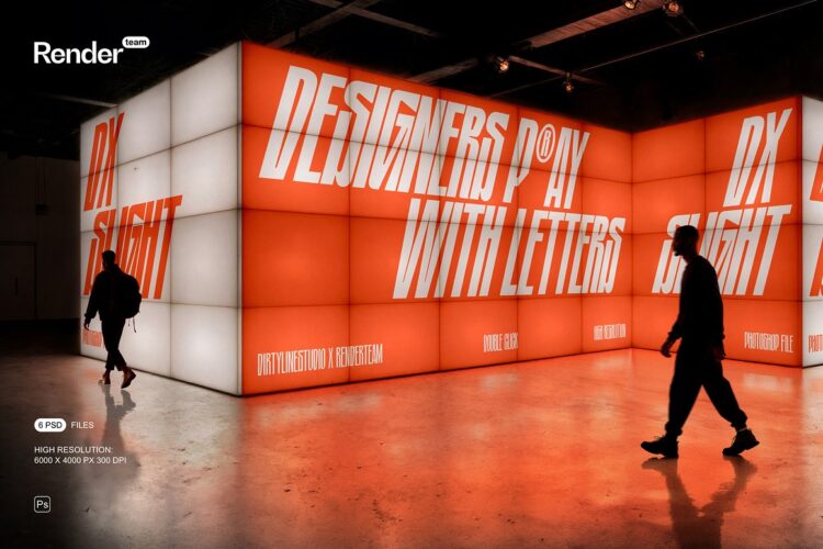 6款弱光艺术展厅LED屏幕灯箱广告主背景横幅设计展示效果图ps样机 Urban Advertising Mockup Set