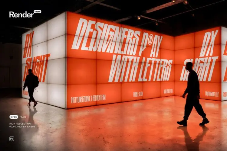 6款弱光艺术展厅LED屏幕灯箱广告主背景横幅设计展示效果图ps样机 Urban Advertising Mockup Set