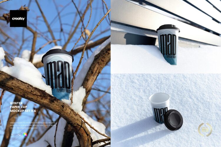 9款一次性纸杯热饮咖啡杯子设计冬季雪地场景展示效果图ps样机 Winter Paper Cup Mockup Set v6
