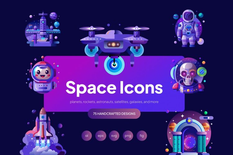 75款潮流扁平化宇宙太空飞船宇航员外星人插图插画图标ai矢量素材 Space Vector Icons Set