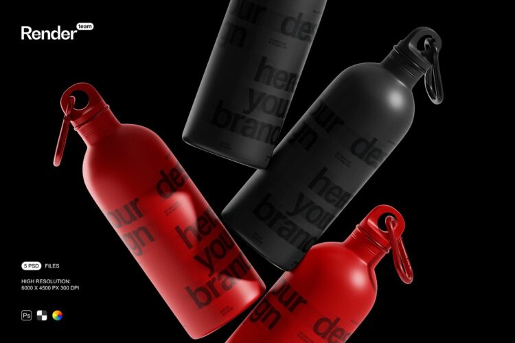 高级简约户外便携保温杯不锈钢运动水壶包装设计展示效果图ps样机 Sport Water Bottle Mockup Set