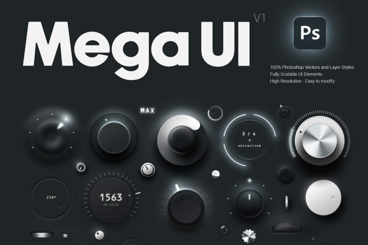 未来主义科技时尚音乐游戏拟物按钮控制器仪表盘UI界面ps分层素材 Mega UI V1 – UI Kit