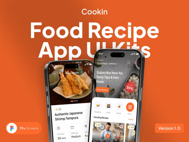 70+屏优质美食食物食谱烹饪app用户界面ui设计figma模板套件素材 Cookin – Food Recipe App UI Kits