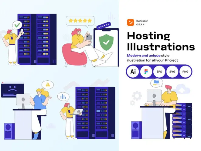 25款云计算数据中心网络安全SaaS服务科技矢量插图设计素材 Hosting & Server Technology Illustration Pack