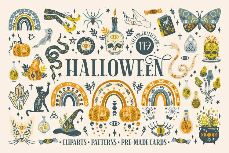 创意潮流扁平化神秘万圣节艺术装饰插图插画图案设计矢量设计素材 HALLOWEEN Vector Collection