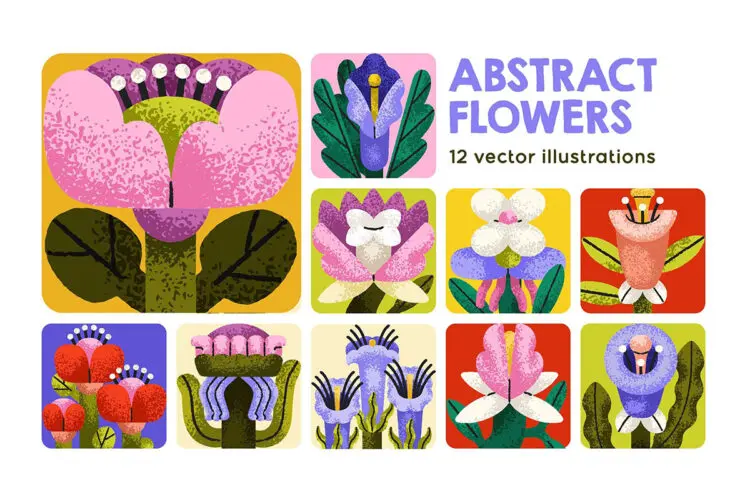 12款复古时尚装饰艺术花卉鲜花植物创意插图插画ai矢量设计素材 Abstract Flowers Cards, Floral Poster Designs Set