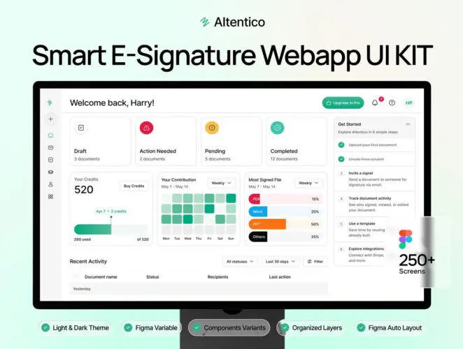 250屏双配色专业时尚智能电子签名文档平台UI操作界面设计模板 AItentico – Smart E-Signature Doc WebApp UI KIT