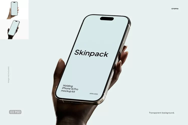 3款手持iPhone16苹果手机App应用UI界面设计展示效果图ps样机素材 iPhone 16 Pro Mockup Holding