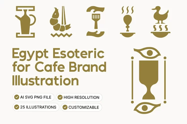 古老神秘埃及秘制咖啡品牌展示插画装饰元素矢量设计素材 Egypt Esoteric for Cafe Brand Illustration Set