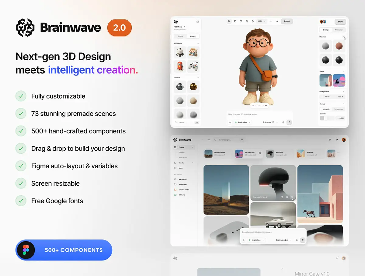 73屏AI人工智能3D模型在线编辑生成工具软件UI用户界面设计模板 Brainwave 2.0 AI-Powered 3D UI Kit