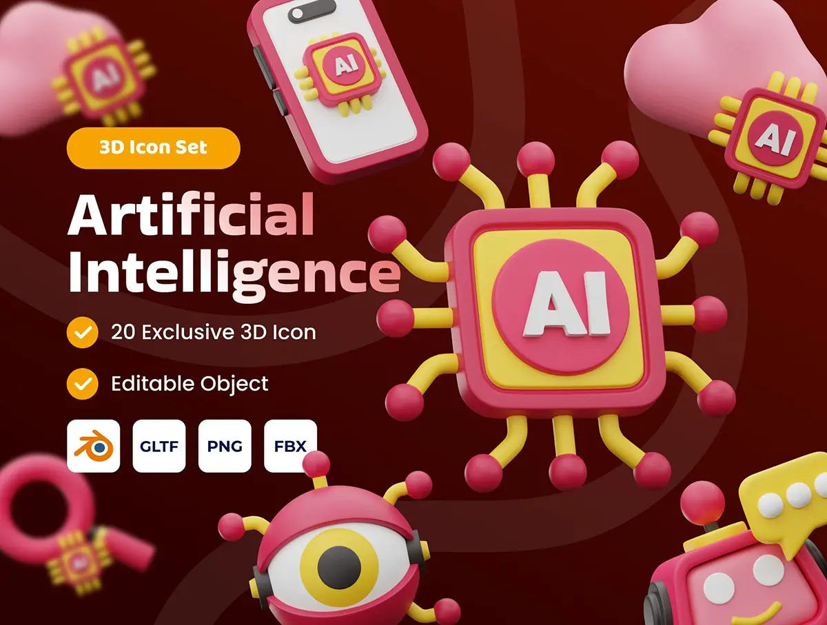 20款3D立体AI人工智能机器人芯片卡通icon图标webp免抠图片素材 Artificial Intelligence 3D Icon