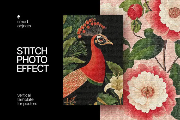 复古手工艺民俗针织刺绣十字绣肌理插图插画后期ps特效样机模板 Embroidery Stitch Poster Effect