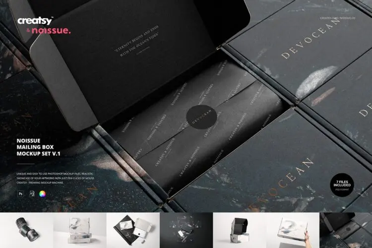7款快递纸质包装盒模型品牌logo印花图案设计贴图ps样机素材模板 Noissue Mailing Box Mockup Set v1