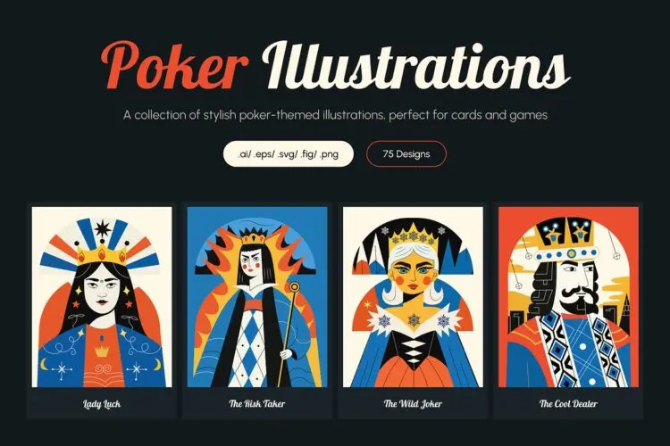 75款扁平化潮流艺术扑克牌桌游纸牌创意插图插画ai矢量设计素材 Poker Illustration Art Set