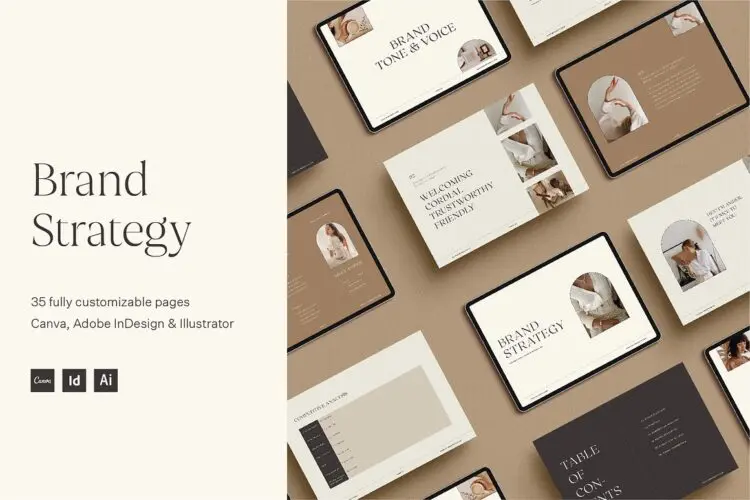 横版A4优雅时尚莫兰迪色品牌形象画册VI手册排版设计ai版式模板 Brand Strategy