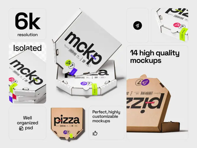 7款牛皮瓦楞纸披萨包装盒外卖纸盒包装设计作品展示效果图ps样机 Pizza Box Mockups