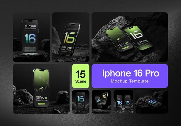 岩石工业风iPhone16手机App应用UI界面设计作品展示效果图ps样机 iPhone 16 Pro Mockup Set – 15 Dark Scene