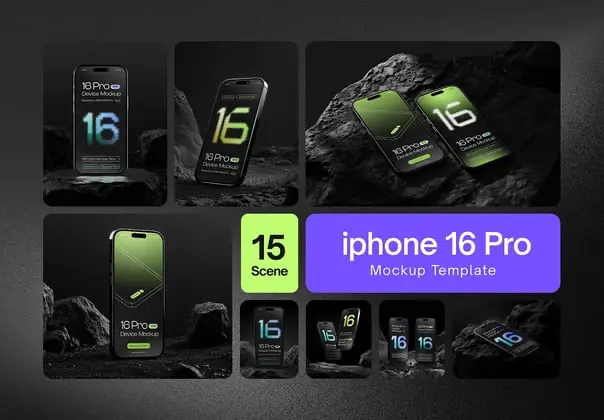 岩石工业风iPhone16手机App应用UI界面设计作品展示效果图ps样机 iPhone 16 Pro Mockup Set – 15 Dark Scene
