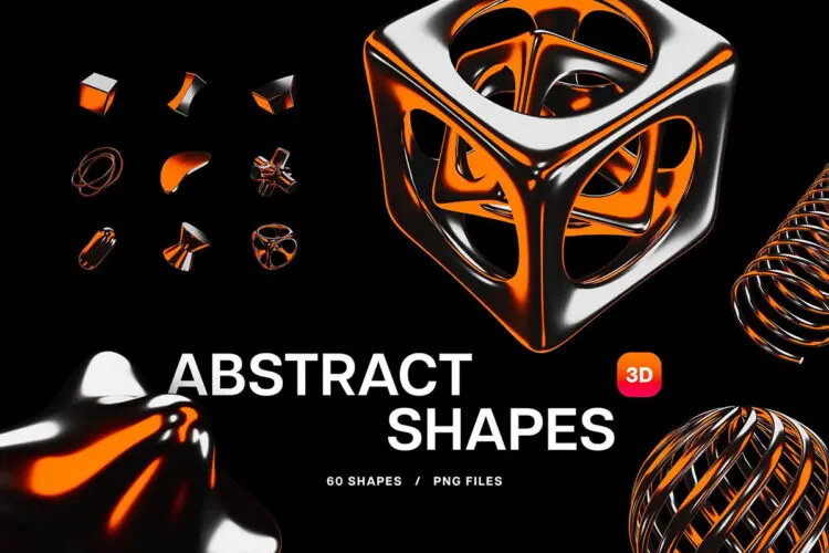 60款橙色3D工业金属镀铬Y2K科技抽象艺术几何图形webp免抠图片素材 Color Chrome 3D Objects