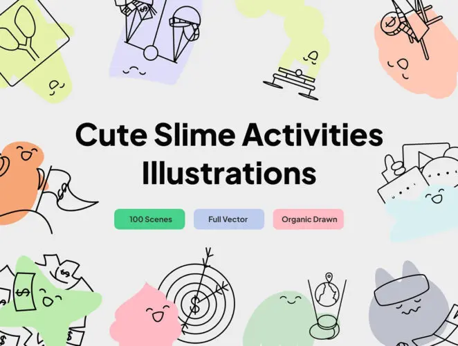 100款趣味卡通可爱扁平化游戏购物儿童教育插图插画ai矢量素材 Cute Slime Activities Illustrations