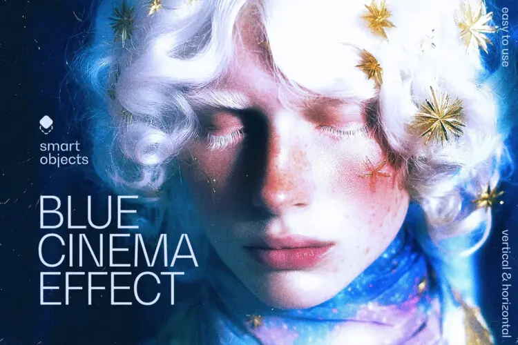 复古怀旧迷幻颗粒蓝色科幻电影柔光人像照片后期ps特效样机模板 Blue Cinema Photo Effect