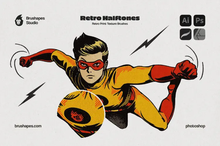 208款潮流复古点阵半调手绘画笔插图插画漫画Ps笔刷设计素材 Retro Halftone Brushes