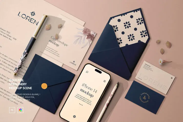 iPhone手机信封信纸名片文具品牌VI应用设计作品展示效果图ps样机 Gold Foil Branding Mockup Kit