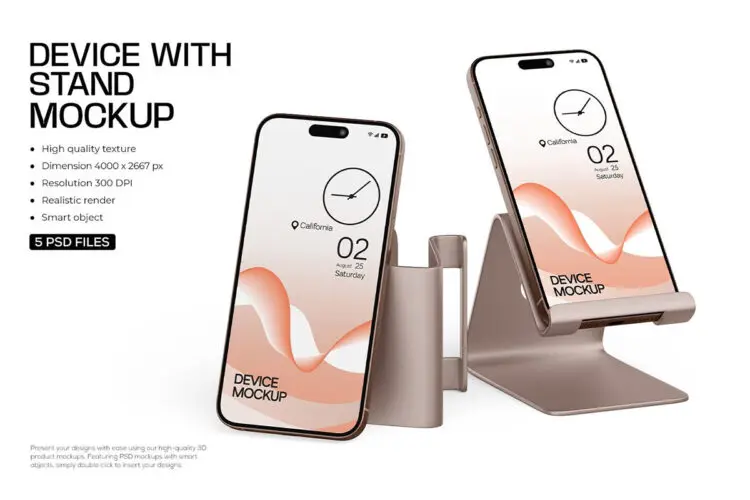 5款金属支架上的智能手机模型屏幕展示设计贴图ps样机素材模板 Smartphone Mockup For UI/UX Designers