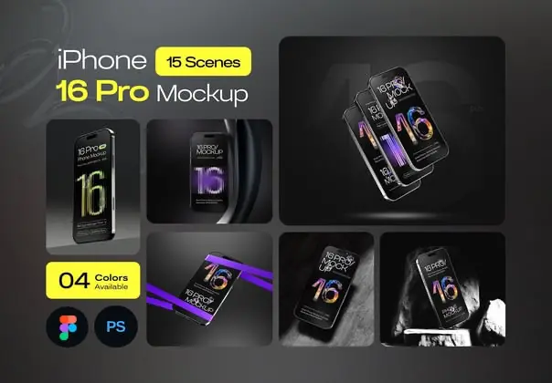 15款极简工业风iPhone 16手机App应用UI设计作品展示效果图PS样机 iPhone 16 Pro Mockup Set – 15 Scene