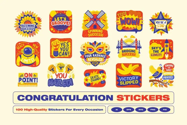 100款趣味潮流正能量祝贺庆祝喜庆贺词插画贴纸ai矢量设计素材 Congratulations Stickers Set