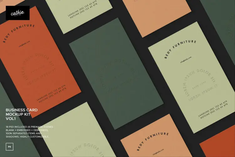 6款艺术纸击凸印刷工艺商务名片卡片设计作品展示效果图ps样机 Business Card Mockups Vol 1