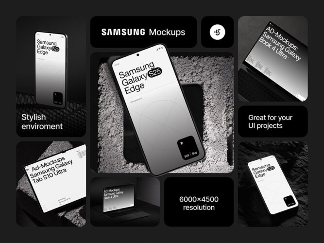 水泥工业风三星安卓手机笔记本平板电脑UI设计展示效果图ps样机 AD-Mockups Samsung Devices