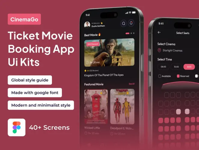 40屏电影票务预订app设计用户界面ui套件模板 CinemaGo – Ticket Movie Booking Premium UI KIts App