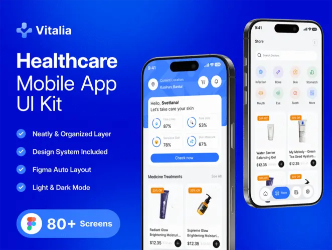80屏医美整容医疗保健移动应用app设计用户界面ui套件明暗模板 Vitalia – Healthcare Mobile App UI Kit