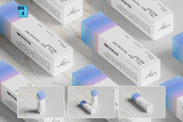 4款产品包装长条纸盒模型品牌标识设计贴图ps样机素材模板 Tall Box Packaging Mockup