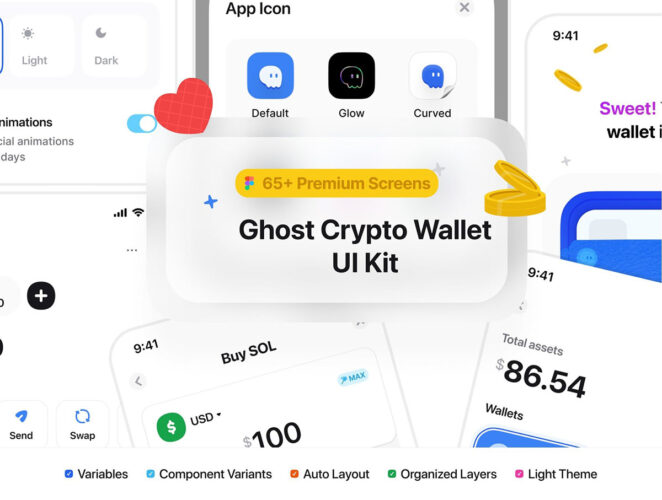65屏金融科技加密钱包移动应用app设计用户界面ui套件模板 Ghost – Crypto Wallet UI Kit