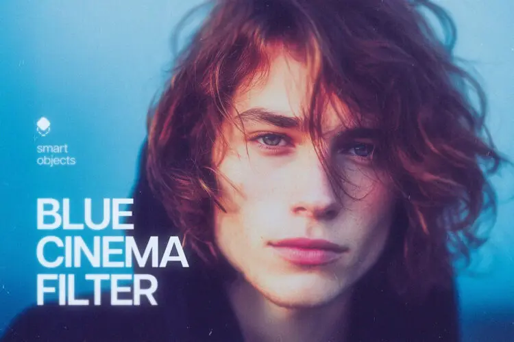 复古时尚质感蓝调柔光怀旧电影胶片艺术人像照片后期PS特效样机 Blue Cinematic Filter Photo Effect