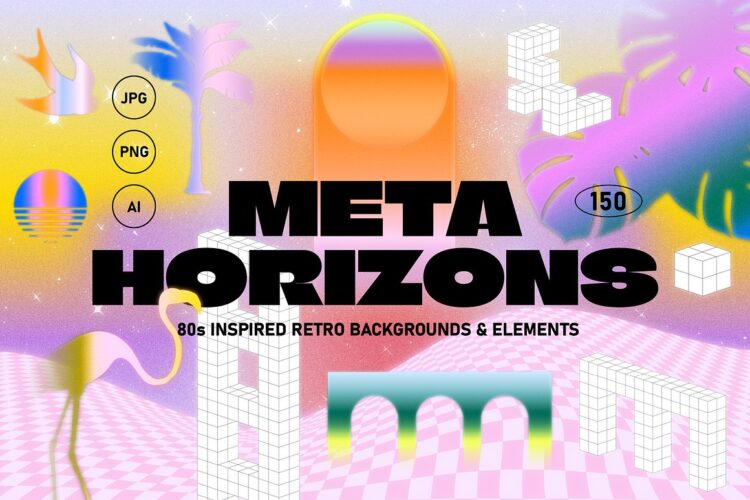 80年代复古蒸汽波3D立体几何图形彩虹迷幻渐变背景ai矢量设计素材 META HORIZONS Vector Elements