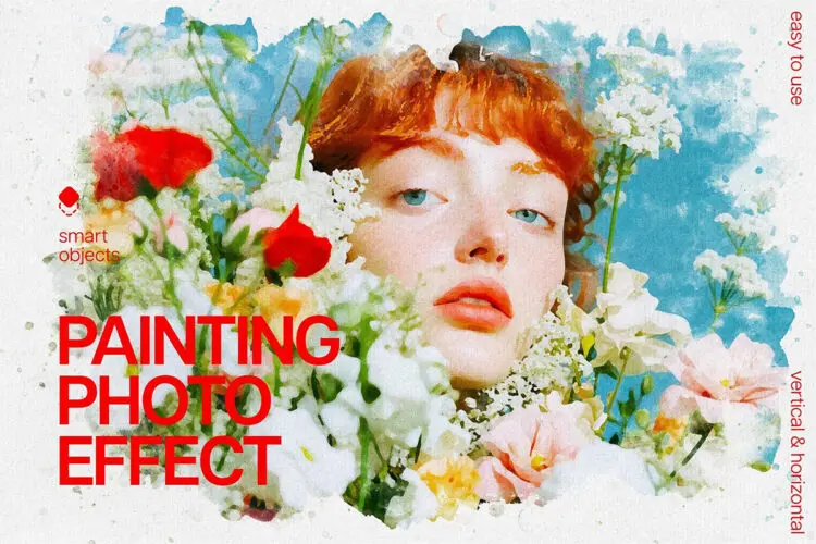 复古时尚手绘水彩画手工绘画滤镜艺术人像照片后期ps特效样机模板 Watercolor Painting Photo Effect