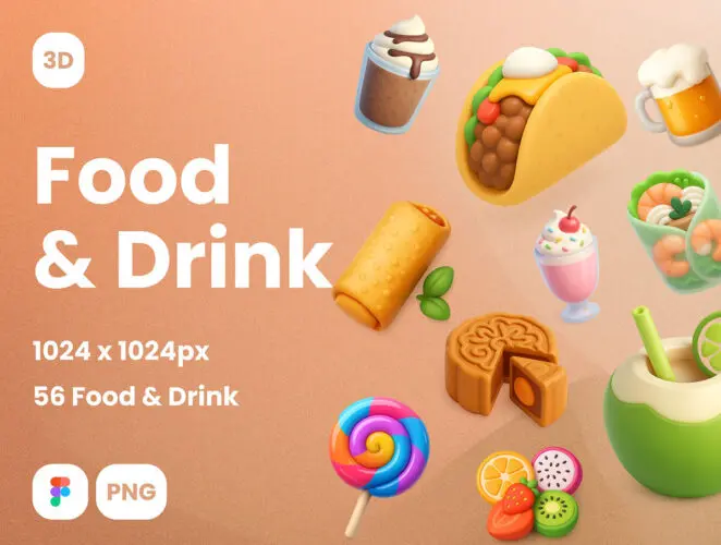 55款逼真活力美食食物饮料3D立体插图图标Icons设计Figma格式素材 Food & Drink 3D Icon Illustrations