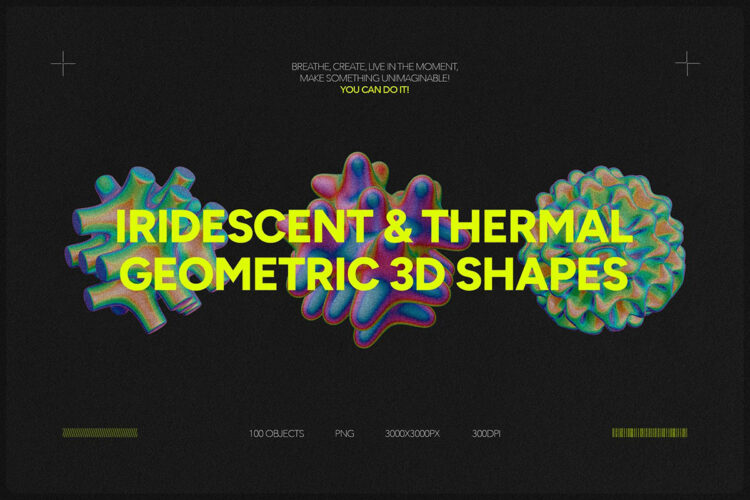 100款未来科幻彩虹色渐变抽象艺术几何图形PNG免抠图设计素材 Iridescent & Thermal Geometric 3D Shapes