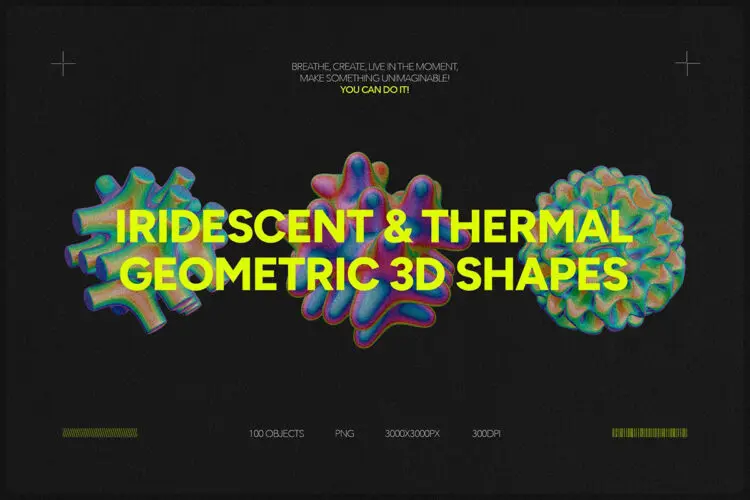 100款未来科幻彩虹色渐变抽象艺术几何图形PNG免抠图设计素材 Iridescent & Thermal Geometric 3D Shapes