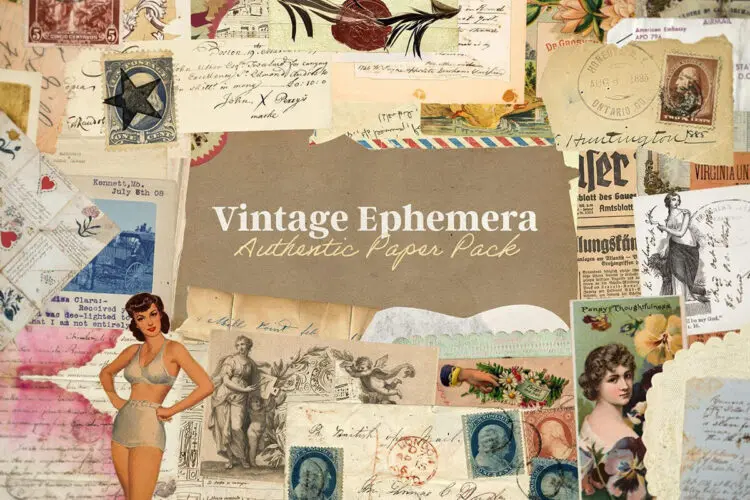 170款复古日记笔记本信封邮票门票收据人物剪贴拼贴元素PNG免抠图设计素材 Vintage Ephemera Paper Pack