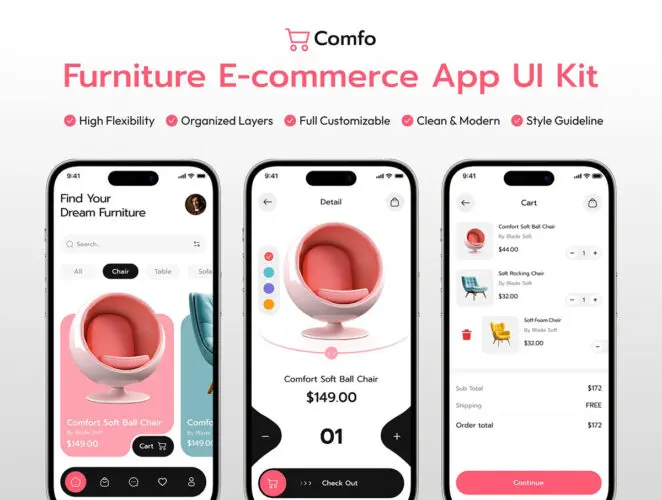 家居电商手机app界面设计欣赏_家居电子商务app界面设计模板下载 Comfo – Furniture Ecommerce Mobile UI Kit