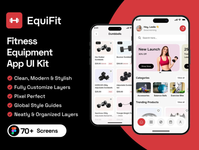健身器材电子商务应用程序 UI 套件 EquiFit – Fitness Equipment E-Commerce App UI Kit