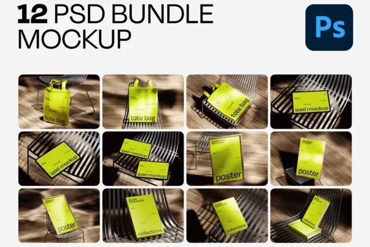 12款工业风iPad平板电脑购物袋海报书籍封面作品展示效果图ps样机 Mockup Minimalist Chair Scene