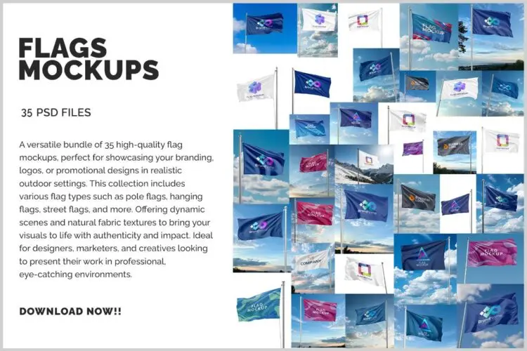 35款逼真立体褶皱飘扬旗帜国旗队旗设计贴图ps样机素材展示模板 35 Flag Mockups – Realistic Outdoor & Fabric Banner Templates for Branding & Advertising