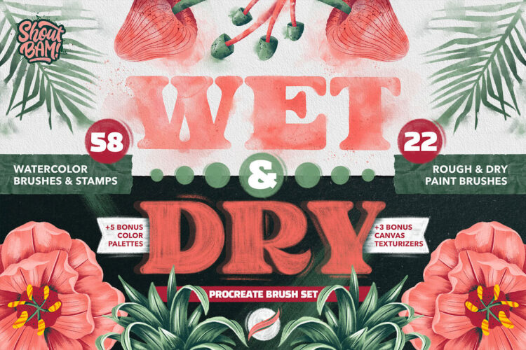 70支干湿水彩飞溅斑点印章Procreate画笔套装 Wet & Dry Procreate Brush Set