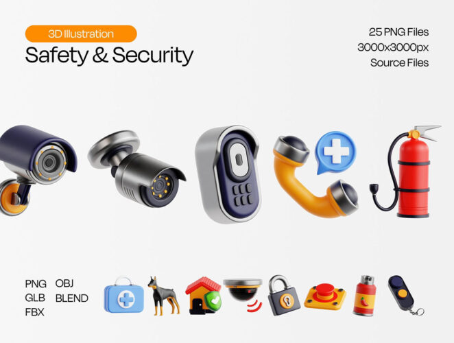 20款高级质感3D立体安全防护警报急救设备插图icons图标 Safety & Security 3D Icon Set
